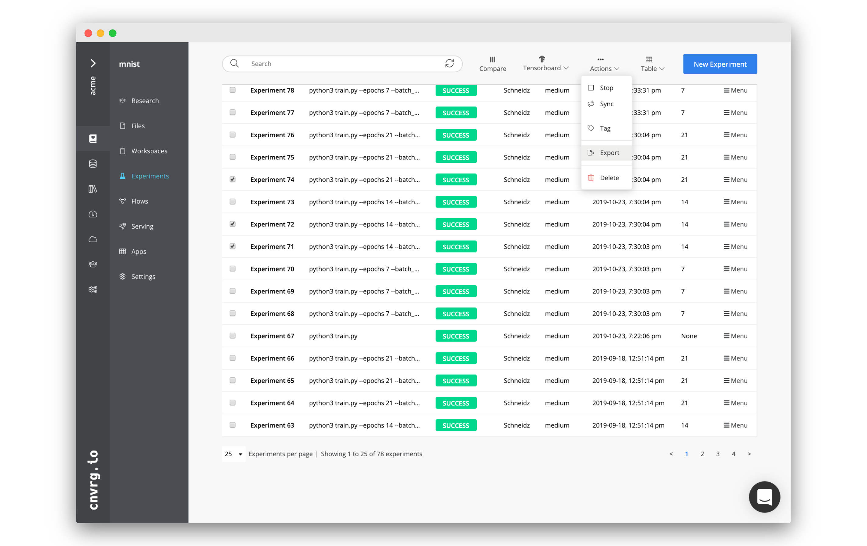 Multiple experiments menu